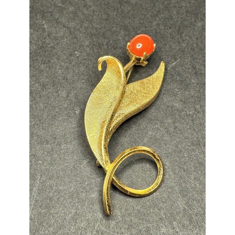 Vintage 50s/60s Western Germany Gold Tone Modernist Leaf Brooch Orange Cabochon